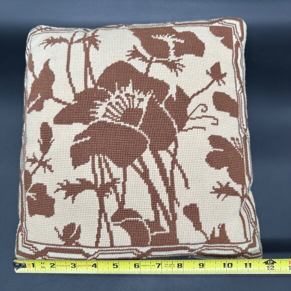 Vintage Throw Pillow Handmade Needlepoint Brown Beige Floral Boho Retro Decorati - Picture 9 of 10